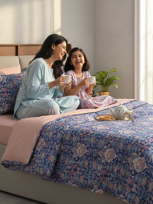 Double Size Bedsheet Set with Gift Box - 100% Cotton 144 TC Blue Ethnic, Glory Collection
