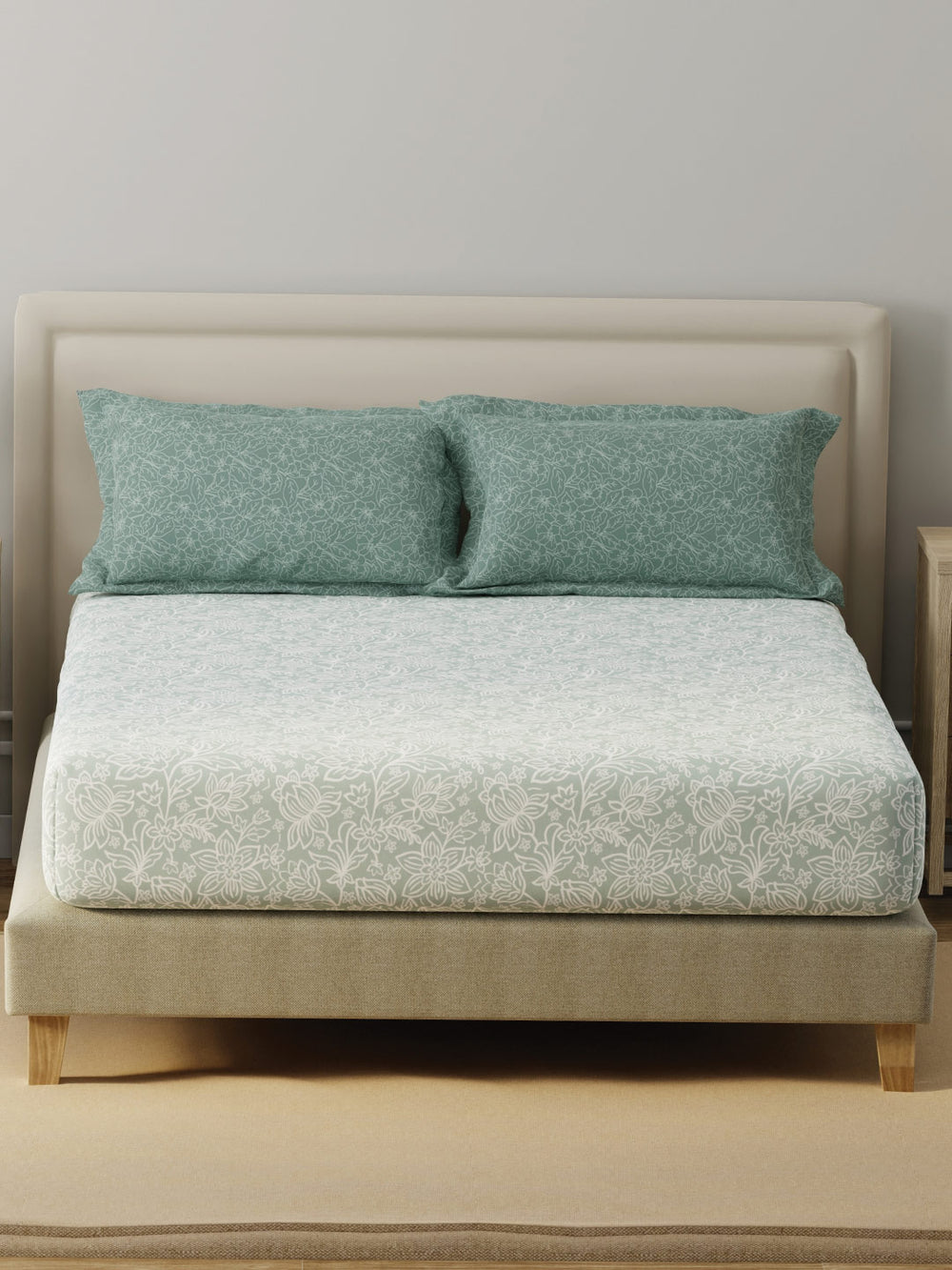 BasicX 100% Cotton 120 TC Grey Floral Double Bedsheet with 2 Pillow Covers