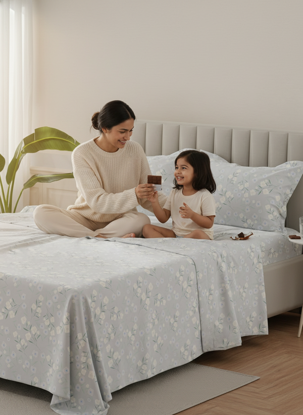 Lumina Floret 100% Cotton 144 TC Grey Floral King Bedsheet with 2 Pillow Covers