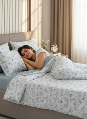 Home Easy 100% Cotton 144 TC Blue Floral Double Size Bedsheet with 2 Pillow Covers