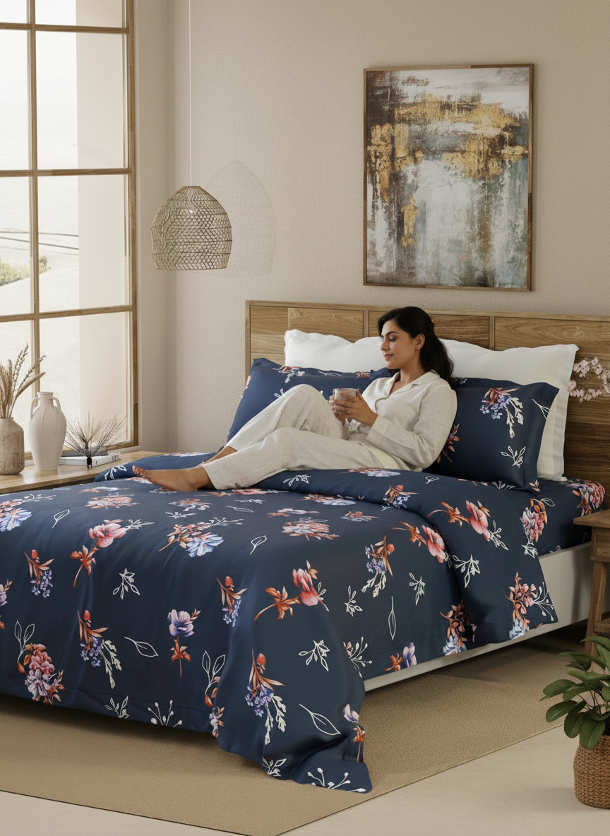 Double Size Bedsheet Set, 100% Cotton 144 TC Blue Spring Printed, Emaline Collection
