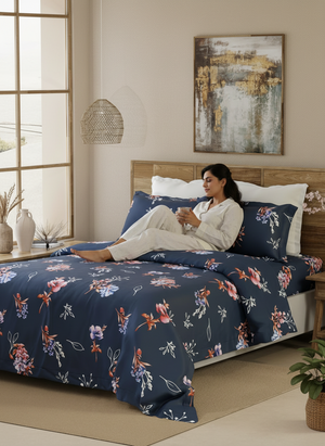 Double Size Bedsheet Set, 100% Cotton 144 TC Blue Spring Printed, Emaline Collection