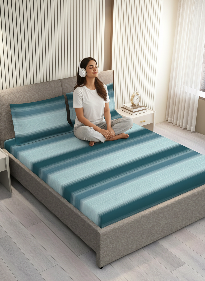 Duracount 225 CVC Blue Stripes King Size Bedsheet with 2 Pillow Covers