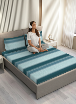 Duracount 225 CVC Blue Stripes King Size Bedsheet with 2 Pillow Covers