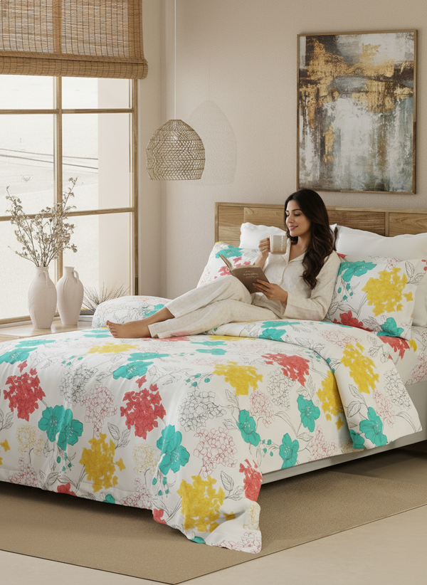 Double Size Bedsheet Set, 100% Cotton 144 TC Multicolor Floral Carnation Printed, Emaline Collection