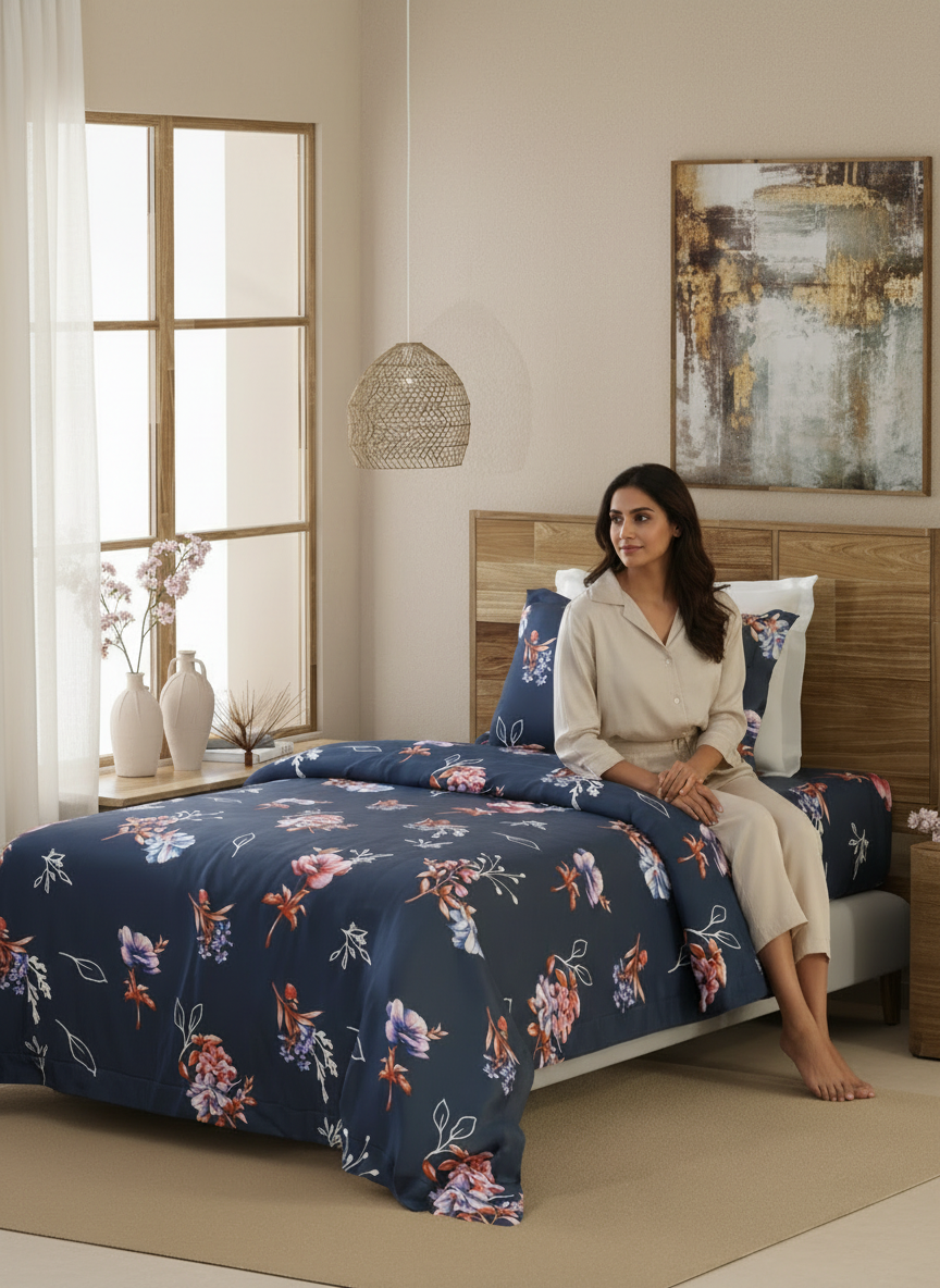 Single Size Bedsheet Set, 100% Cotton 144 TC Blue Spring Printed, Emaline Collection