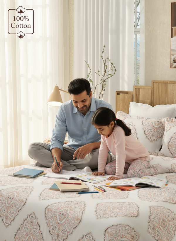 King Size Bedsheet Set, 100% Cotton 200 TC Coral Caprice Ethnic Printed