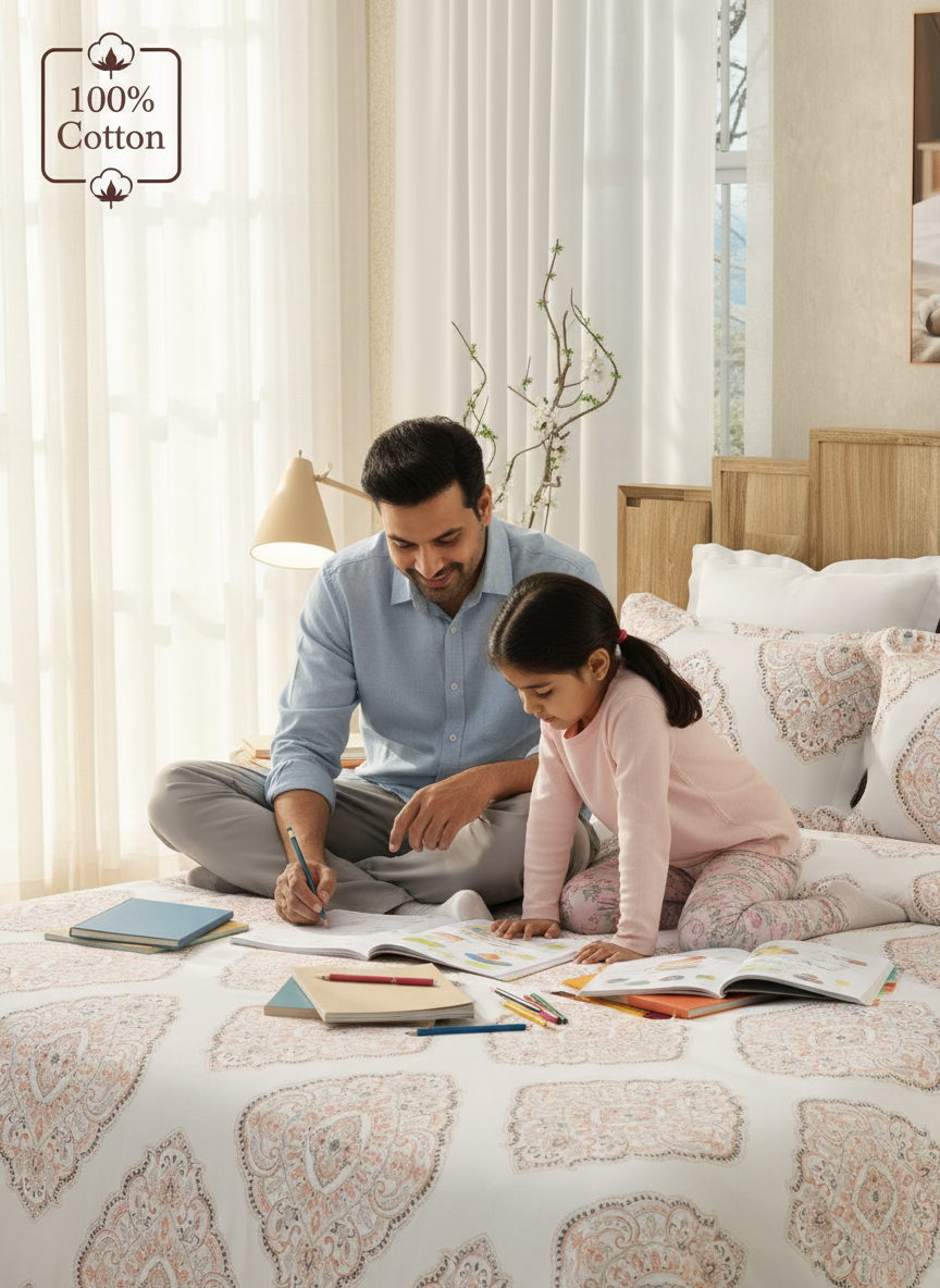 Double Size Bedsheet Set, 100% Cotton 200 TC Coral Caprice Ethnic Printed