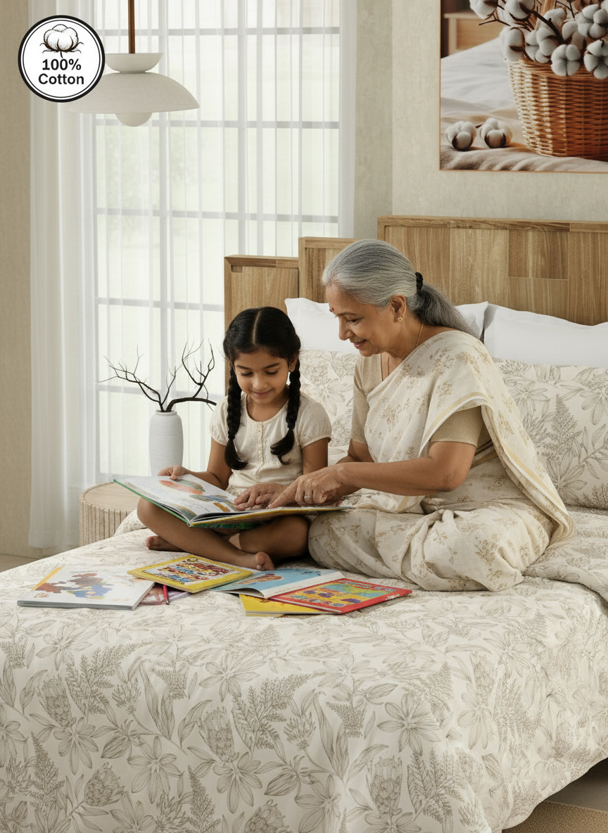 King Size Bedsheet Set, 100% Cotton 200 TC Beige Linear Floral Printed