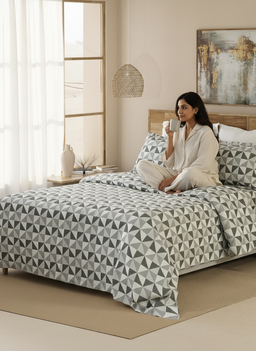 Double Size Bedsheet Set, 100% Cotton 144 TC Grey Play Geometrical Print, Emaline Collection