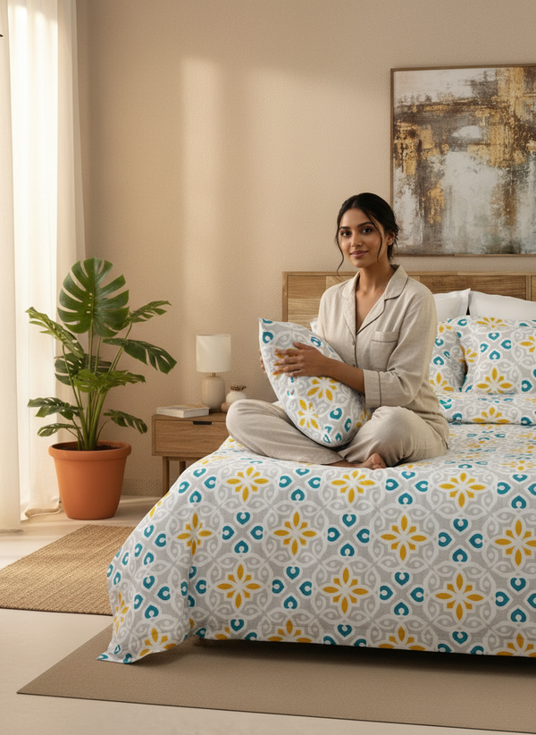 Double Size Bedsheet Set, 100% Cotton 144 TC Grey Moroccan Tile Print, Emaline Collection