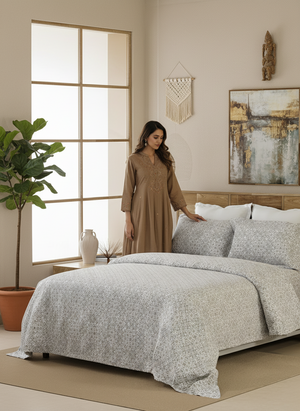 King Size Bedsheet Set, 100% Cotton 144 TC Grey Vintage Tile Ethnic Print, Emaline Collection