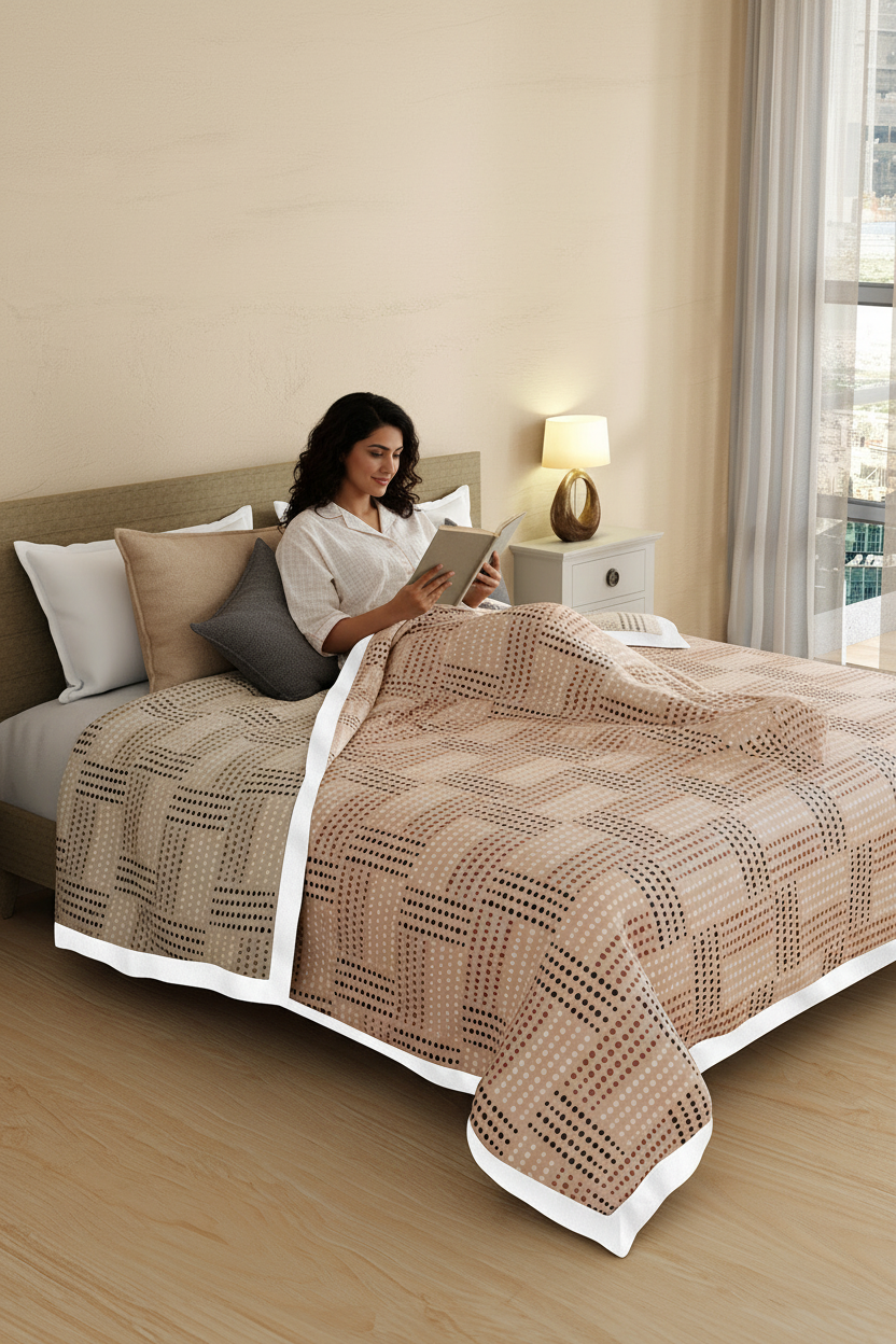 Reversible Double Dohar, 100% Cotton 120 TC, Brown & Grey Geometrical, (2.54 m L x 2.54 m W), Forever