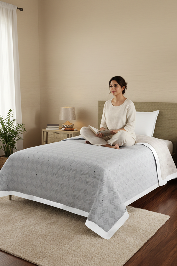 Reversible Single Dohar, 100% Cotton 120 TC, Beige & Grey Geometrical, (2.29 m L x 1.52 m W), Forever