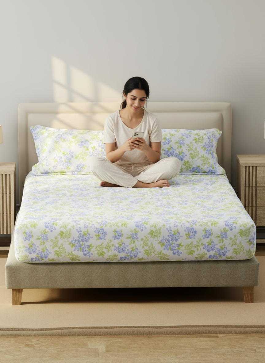 King Fitted Sheet Set, 100% Cotton 140 TC, Blue & Green Floral, Home Easy