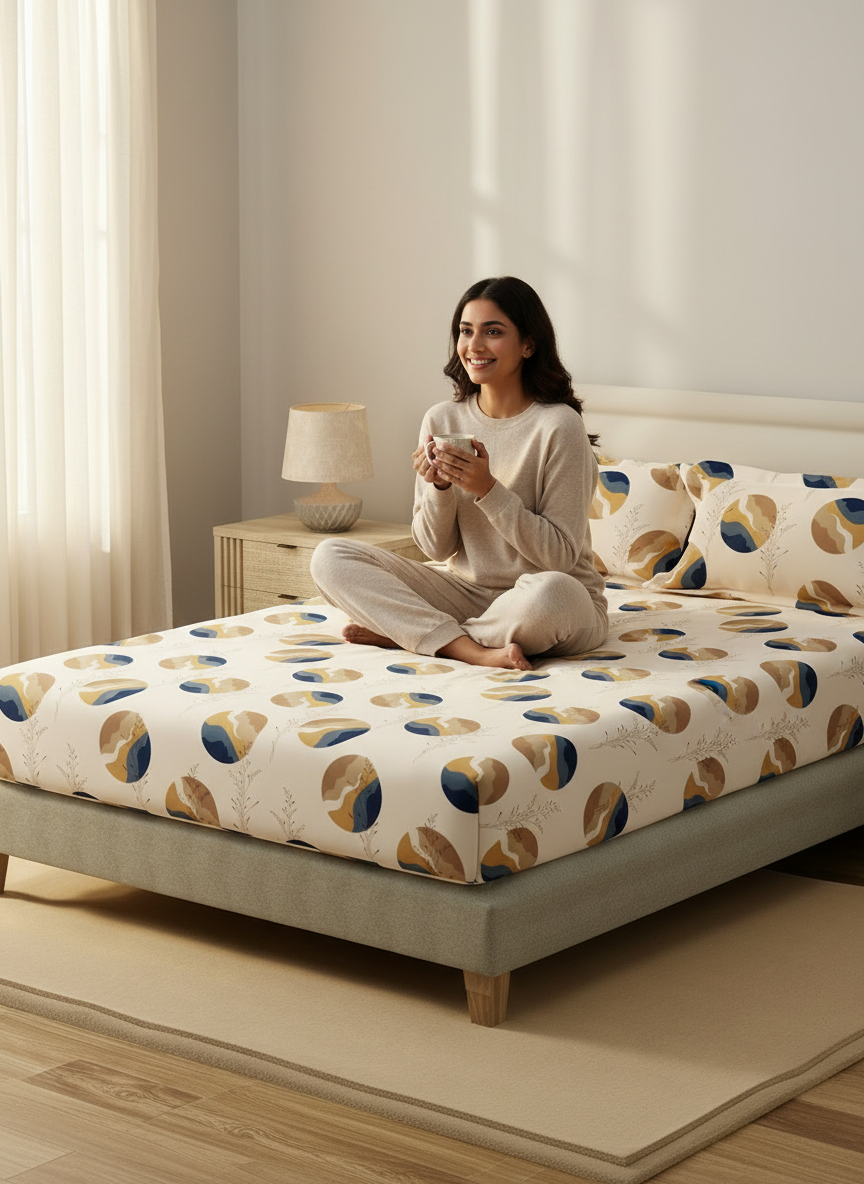 King Fitted Sheet Set, 100% Cotton 140 TC, Brown Geometrical, Home Easy