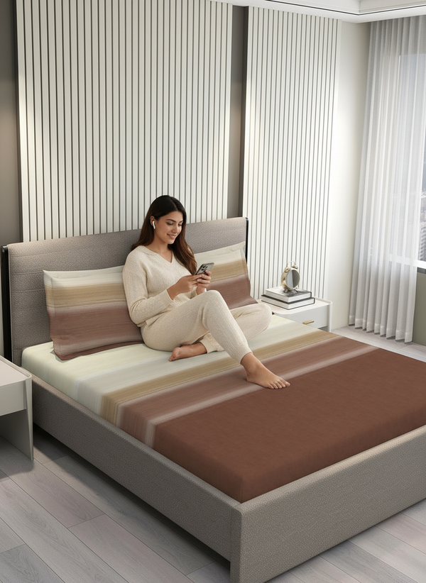 Duracount 225 CVC Brown Stripes King Size Bedsheet with 2 Pillow Covers