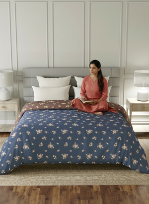 Reversible Double Comforter, 100% Cotton 140 TC, Brown & Blue Floral, For Mild Winter & All Season Lumina Floret