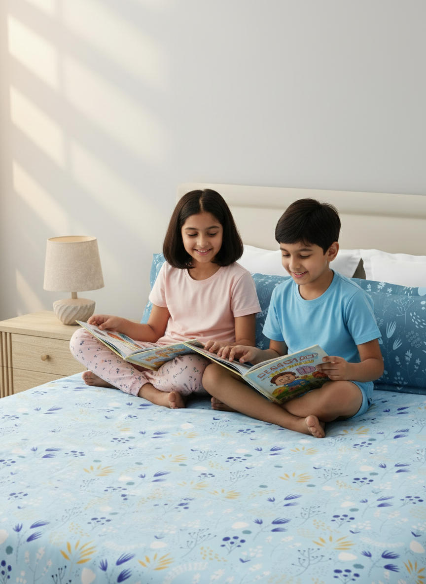 100% Cotton 120 TC, King Size Blue Bedsheet with 2 Pillow Covers, Forever Collection (Floral Print)