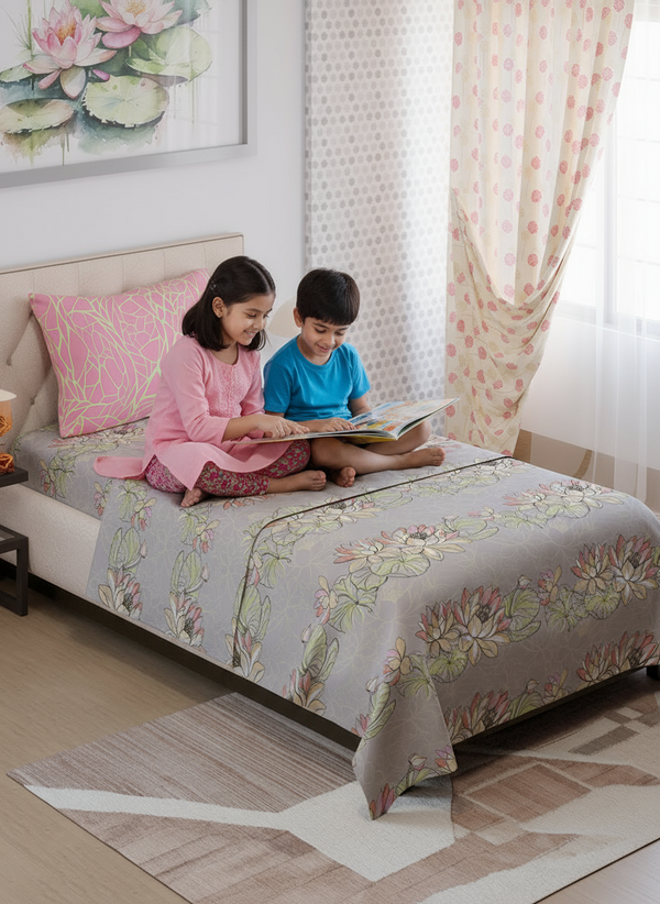 Ivy Microfibre 125 GSM Grey & Pink Floral Single Size Bedsheet with 1 Pillow Cover