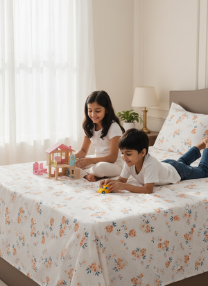 Lumina Floret 100% Cotton 144 TC White & Orange Floral Double Bedsheet with 2 Pillow Covers