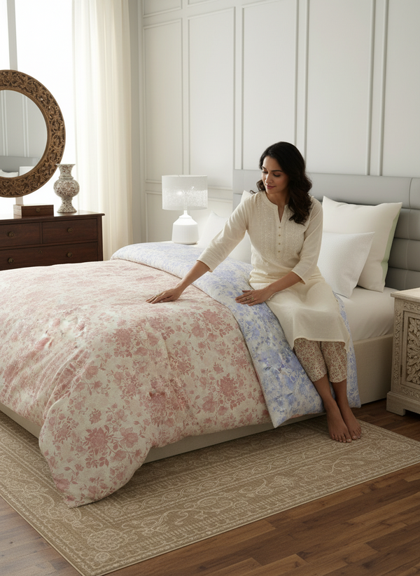 Reversible Double Comforter, 100% Cotton 140 TC, Pink & Blue Floral, For Mild Winter & All Season Lumina Floret