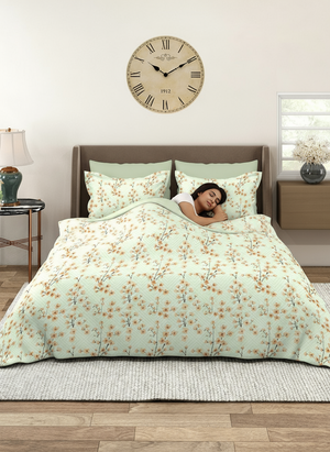 Home Easy 100% Cotton 144 TC Light Green Floral King Size Bedsheet with 2 Pillow Covers