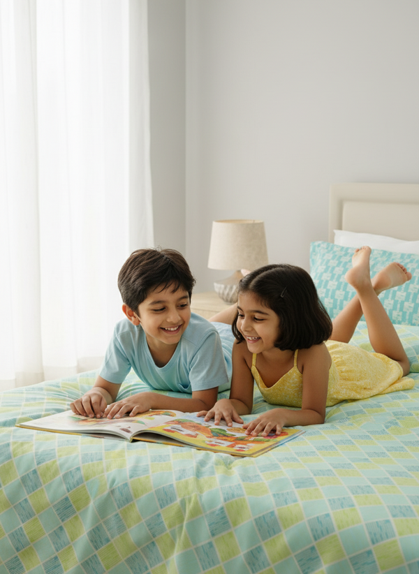 100% Cotton 120 TC, Double Size Blue & Yellow Bedsheet with 2 Pillow Covers (Geometric Print)