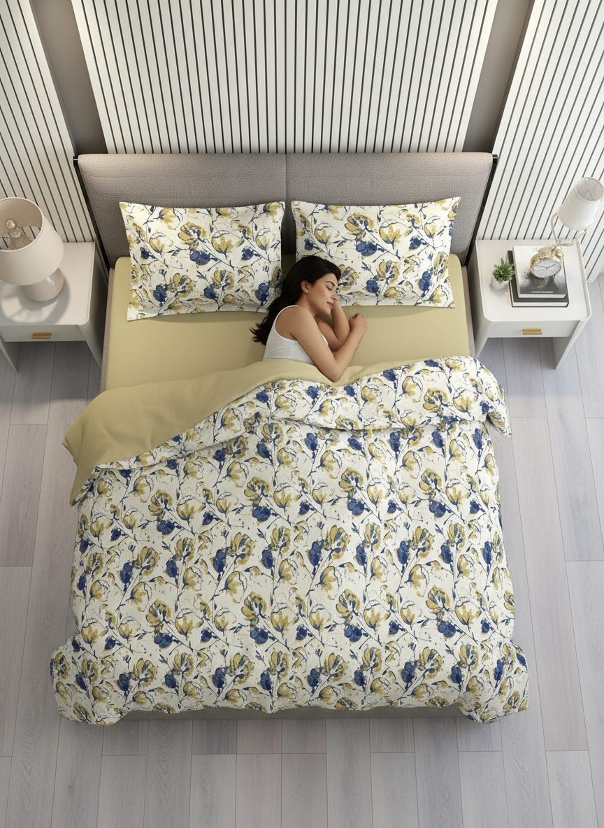 Home Easy 100% Cotton 144 TC Beige Floral King Size Bedsheet with 2 Pillow Covers