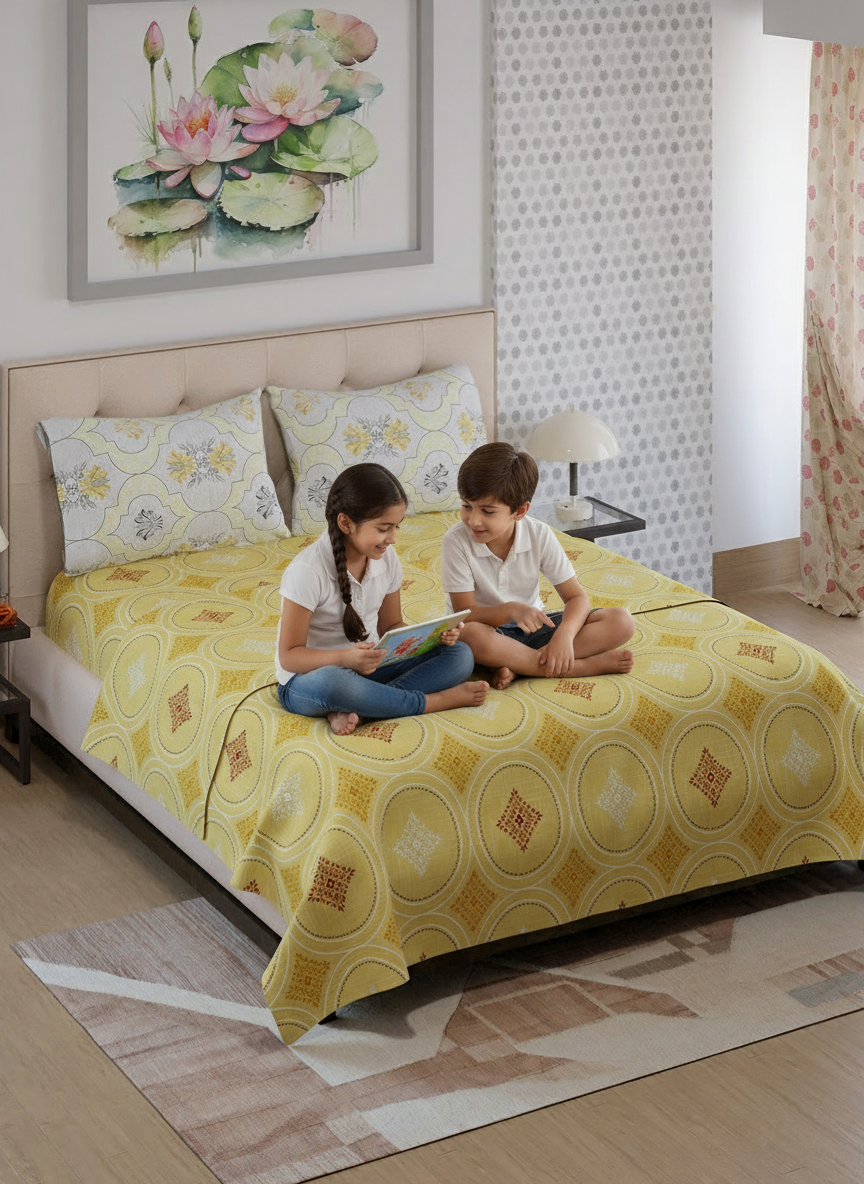 Ivy Microfibre 125 GSM Yellow Ochre Double Size Bedsheet with 2 Pillow Covers