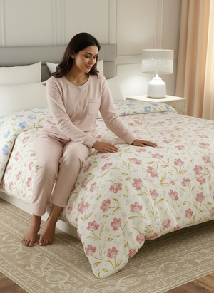 Reversible Double Comforter, 100% Cotton 140 TC, Blue & Pink Floral, For Mild Winter & All Season Lumina Floret