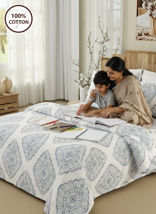 Double Size Bedsheet Set, 100% Cotton 200 TC Indigo Caprice Ethnic Printed