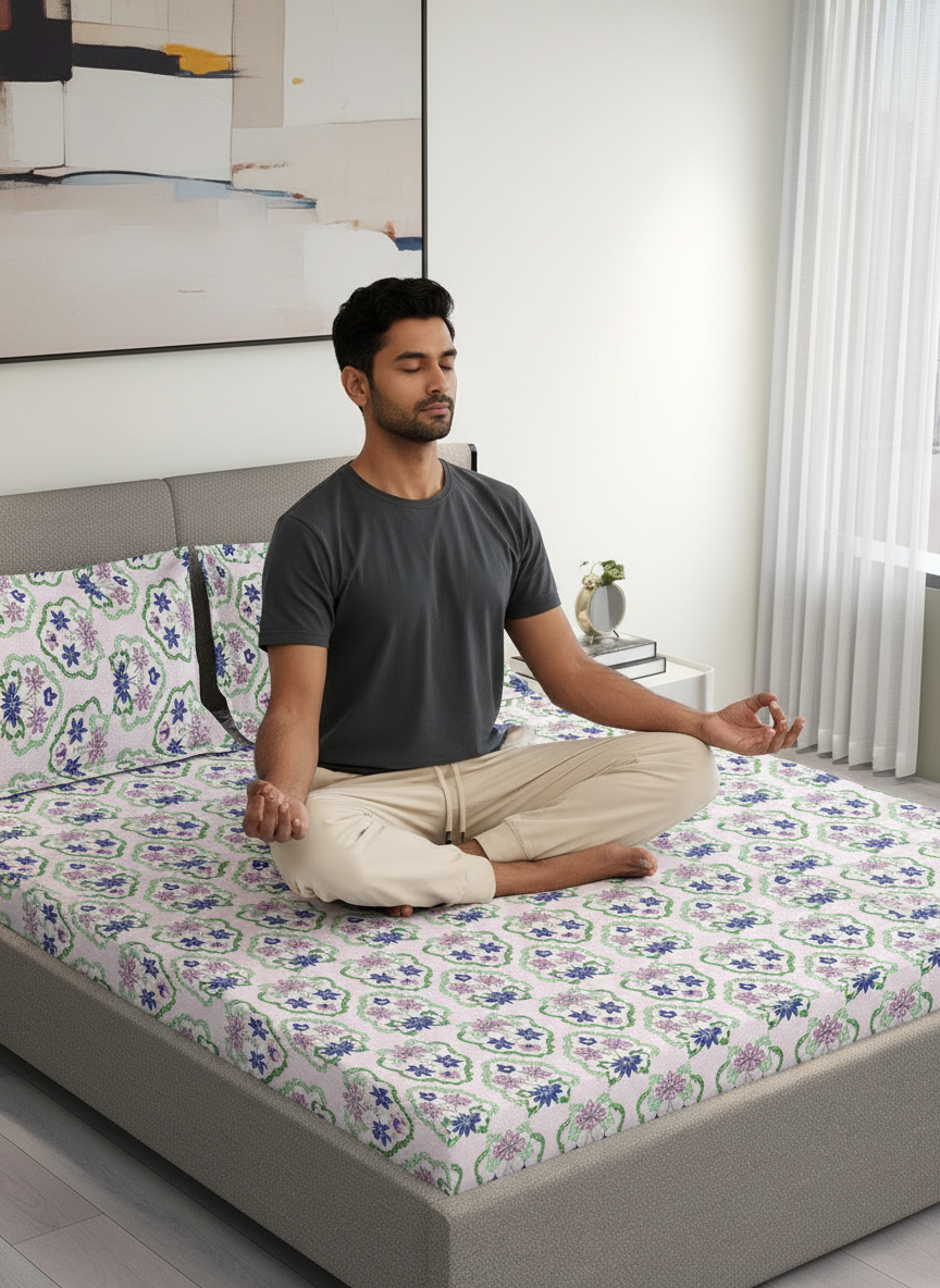 BasicX 100% Cotton 120 TC Purple Floral 1 Double Size Bedsheet with 2 Pillow Covers