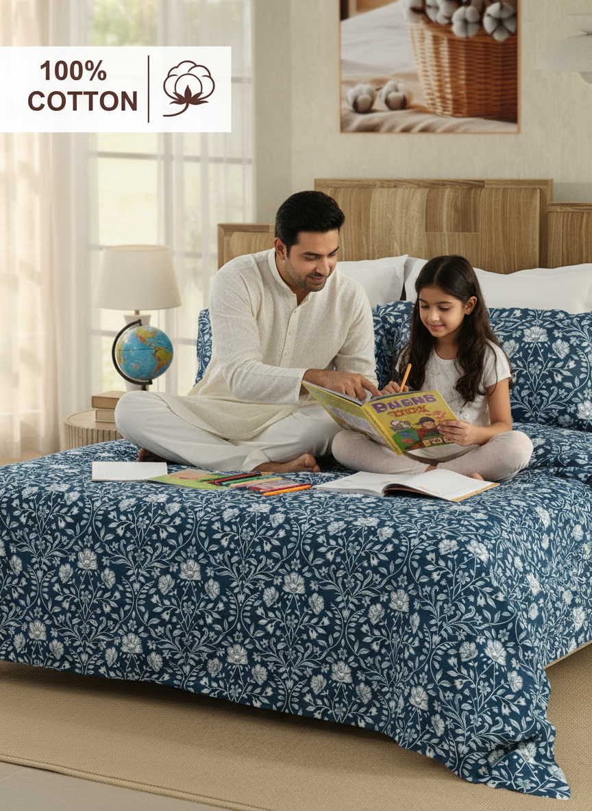 Double Size Bedsheet Set, 100% Cotton 200 TC Navy Adorn Floral Printed