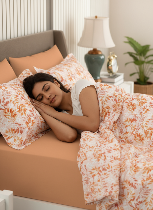 Home Easy 100% Cotton 144 TC Orange Floral Double Size Bedsheet with 2 Pillow Covers