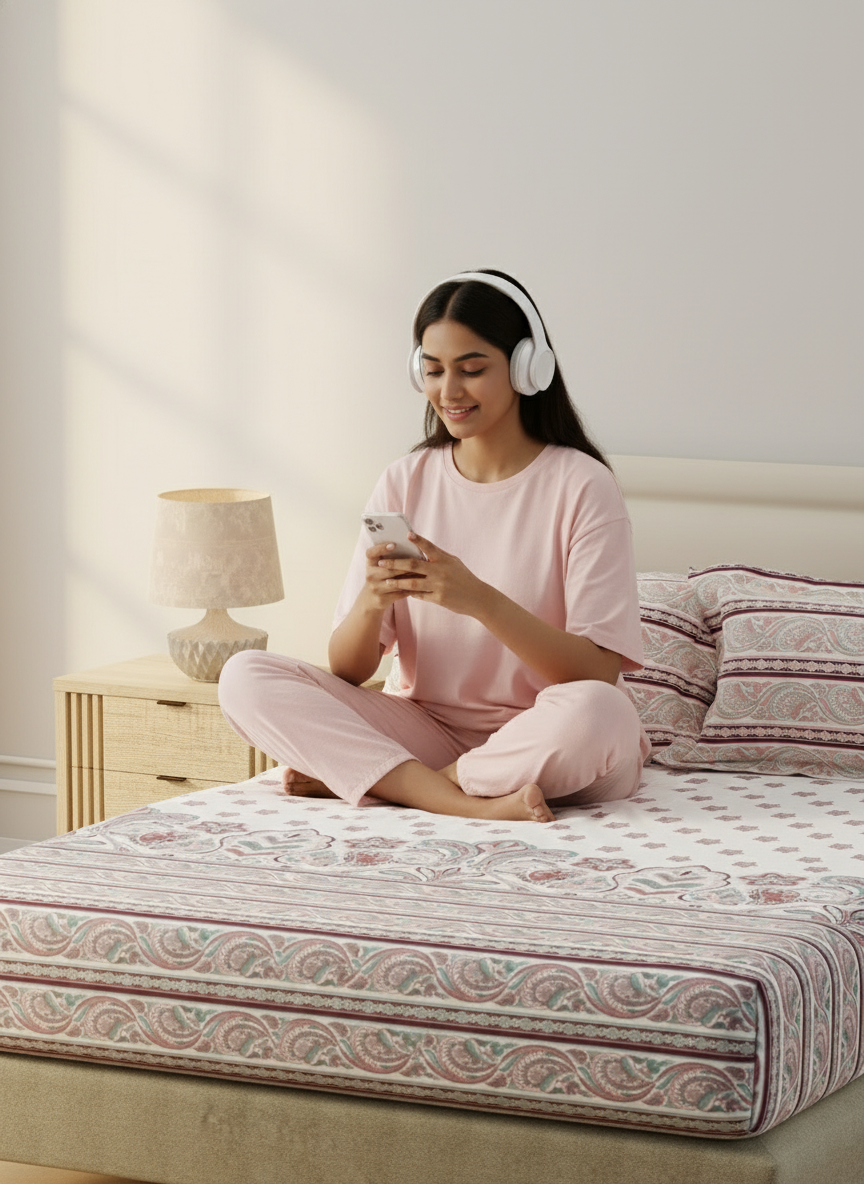 BasicX 100% Cotton 120 TC White & Pink Floral King Bedsheet with 2 Pillow Covers