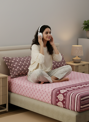 BasicX 100% Cotton 120 TC Pink Floral King Bedsheet with 2 Pillow Covers