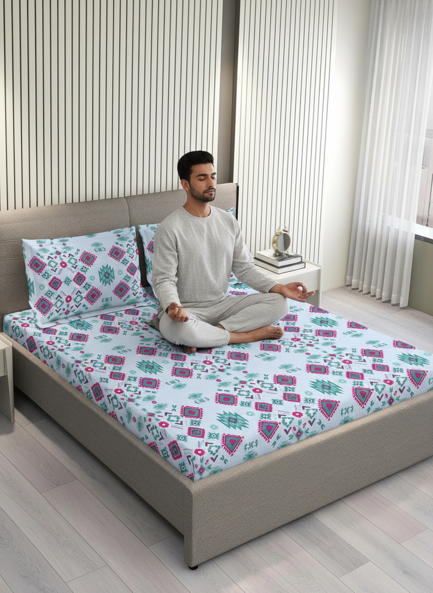 BasicX 100% Cotton 120 TC Blue Ethnic King Size Bedsheet with 2 Pillow Covers