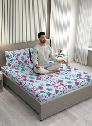 BasicX 100% Cotton 120 TC Blue Ethnic King Size Bedsheet with 2 Pillow Covers