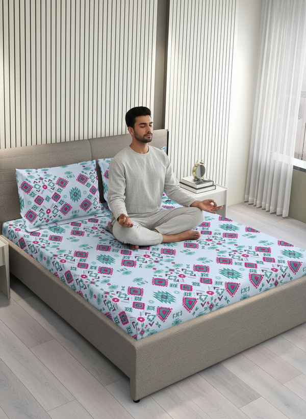 BasicX 100% Cotton 120 TC Blue Ethnic King Size Bedsheet with 2 Pillow Covers