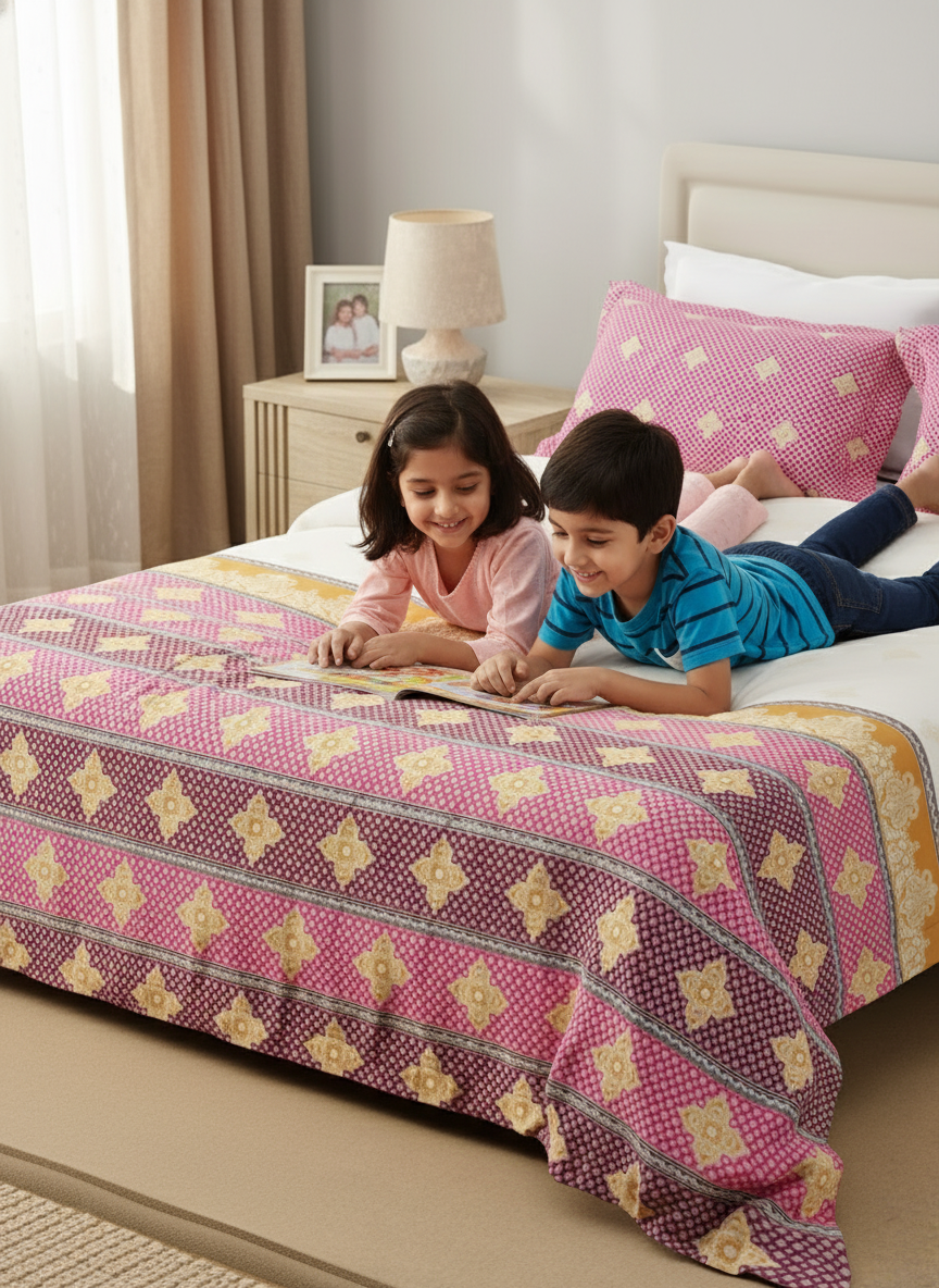 100% Cotton 120 TC, King Size Pink & White Bedsheet with 2 Pillow Covers, Forever Collection (Ethnic Print)