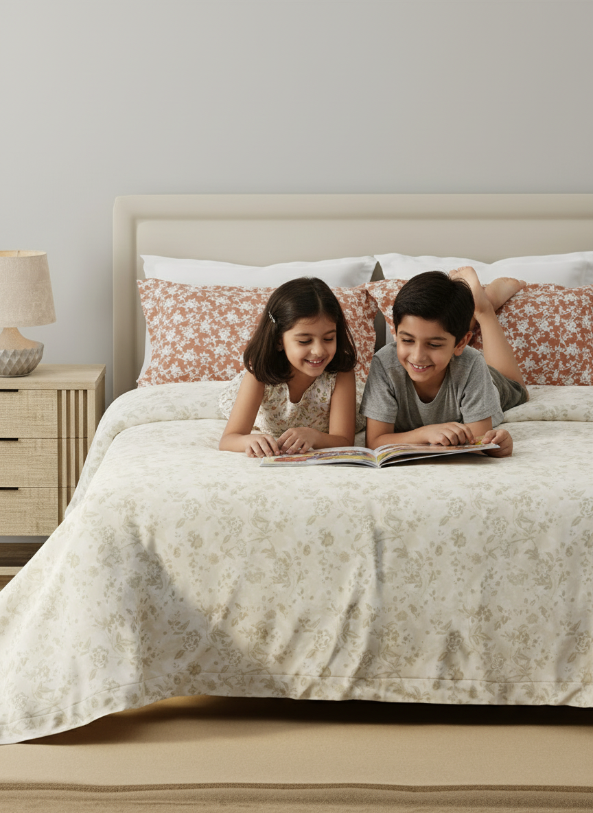 100% Cotton 120 TC, Double Size Grey & Brown Bedsheet with 2 Pillow Covers (Floral Print)