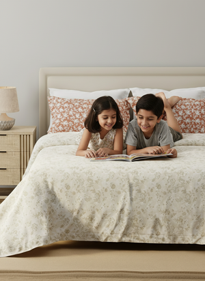 100% Cotton 120 TC, Double Size Grey & Brown Bedsheet with 2 Pillow Covers (Floral Print)