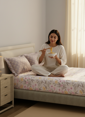 BasicX 100% Cotton 120 TC Purple & White Floral King Bedsheet with 2 Pillow Covers