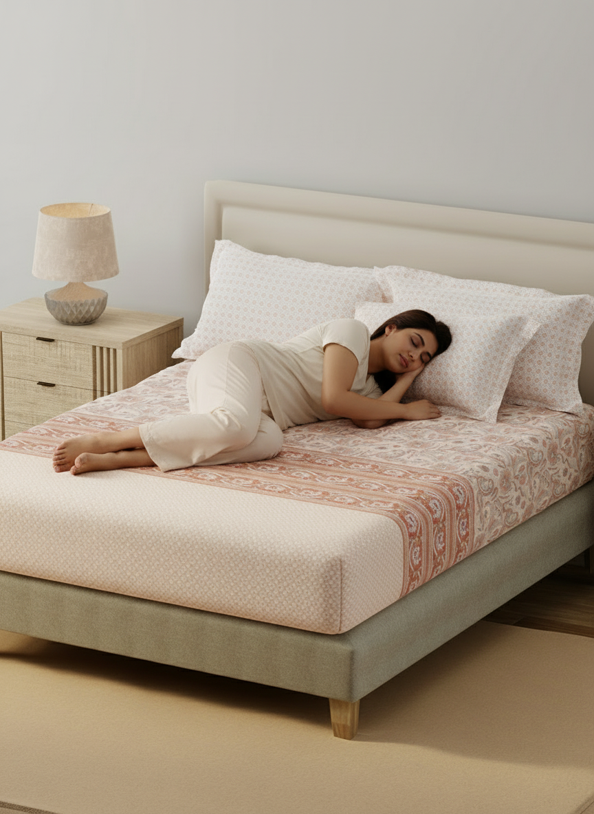 BasicX 100% Cotton 120 TC Peach Paisley Printed King Bedsheet with 2 Pillow Covers