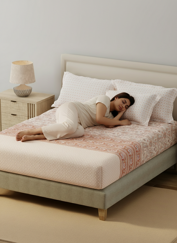 BasicX 100% Cotton 120 TC Peach Paisley Printed King Bedsheet with 2 Pillow Covers