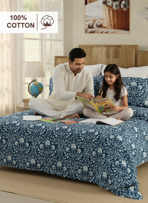King Size Bedsheet Set, 100% Cotton 200 TC Navy Adorn Floral Printed
