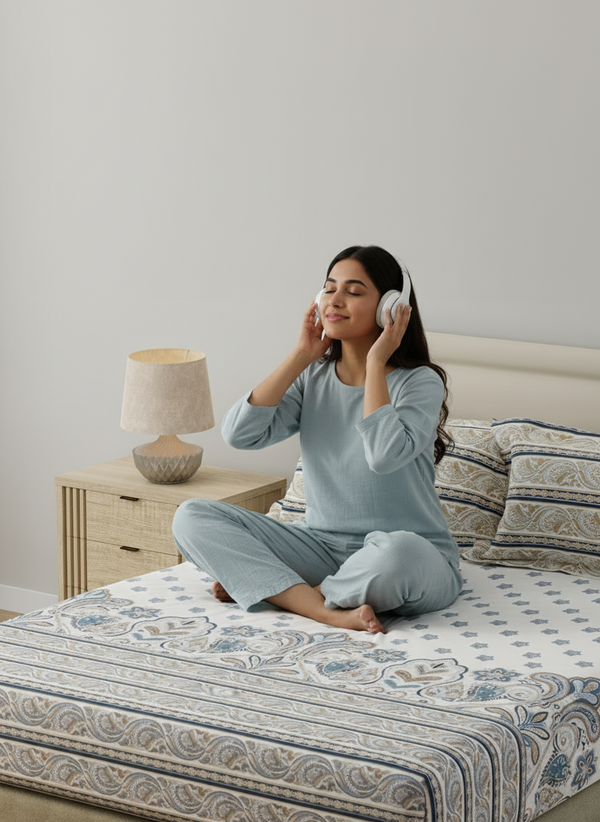 BasicX 100% Cotton 120 TC Blue & White Floral King Bedsheet with 2 Pillow Covers