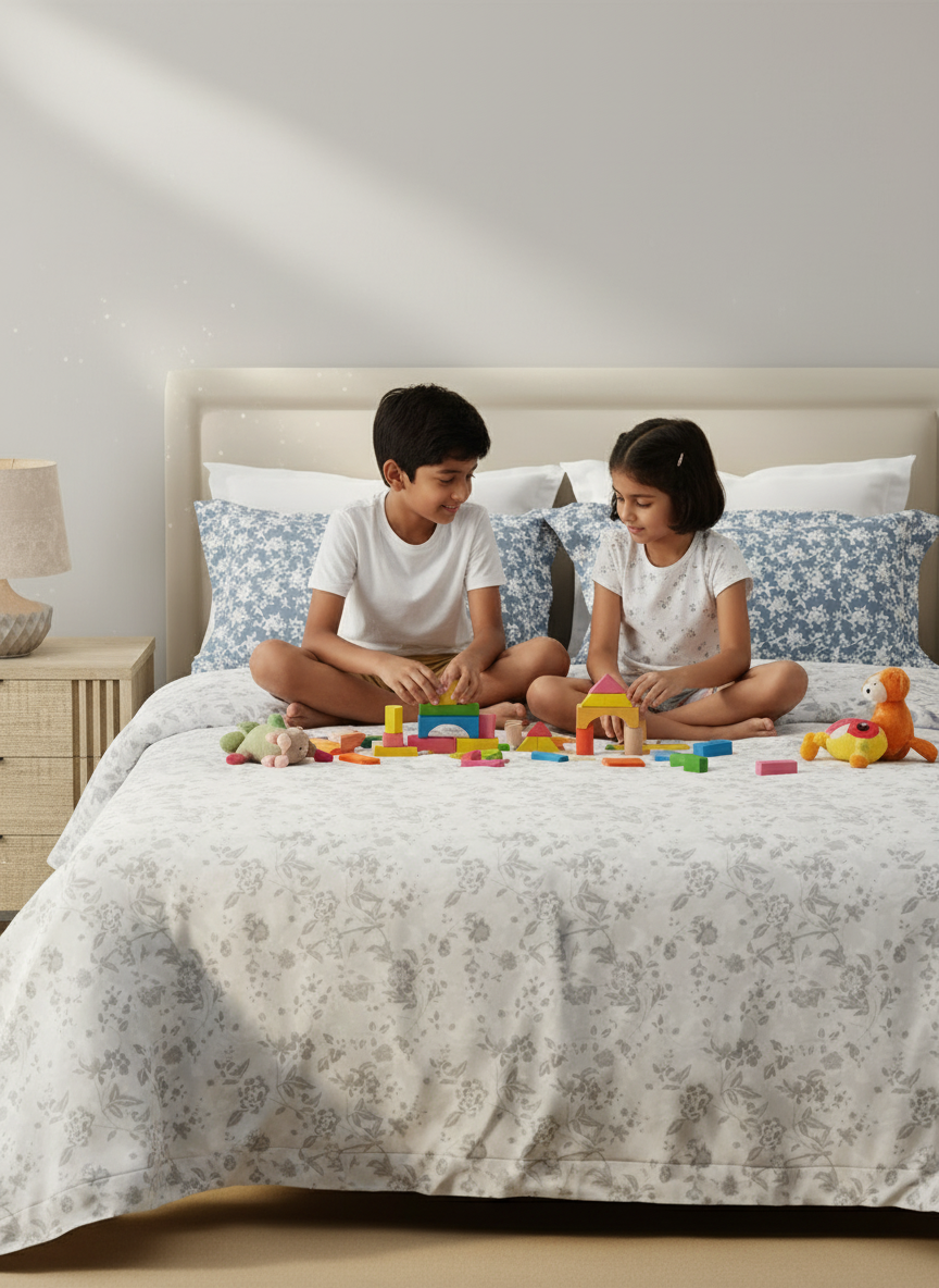 100% Cotton 120 TC, Double Size Grey Bedsheet with 2 Pillow Covers (Floral Print)