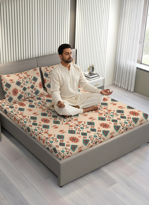 BasicX 100% Cotton 120 TC Beige Ethnic King Size Bedsheet with 2 Pillow Covers